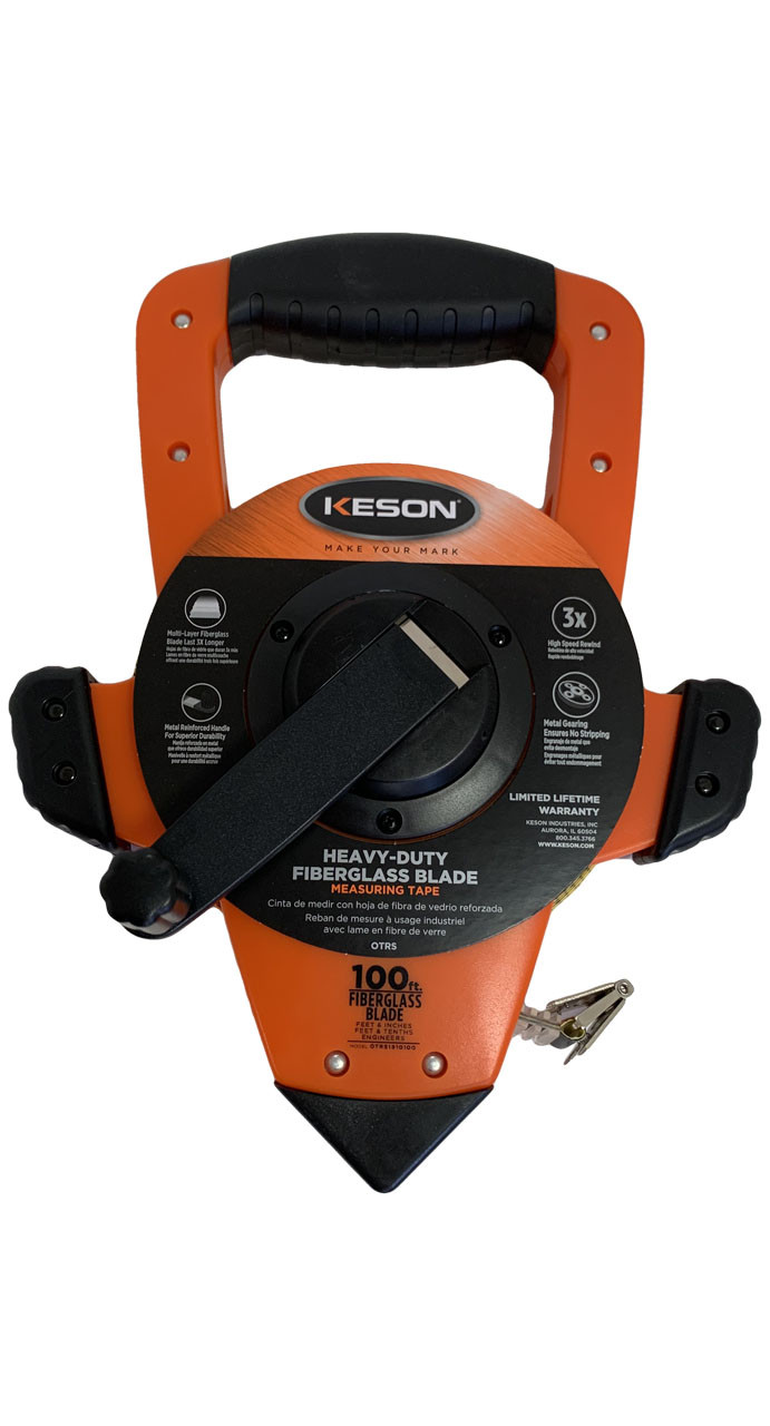 Keson OTRS1810100 100 Ft. Ft, In, 1/8 And Ft, 1/10, 1/100 Fiberglass Tape Measure With Hook End Speed Rewind